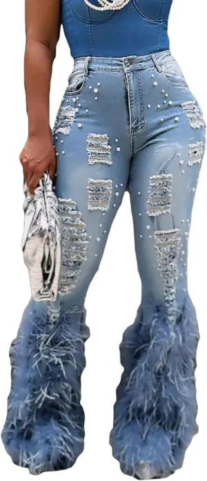 YOOTIKO Women Stretch Pearl Ripped Jeans High Waisted Butt Lifting Skinny Feather Flare Denim Pants