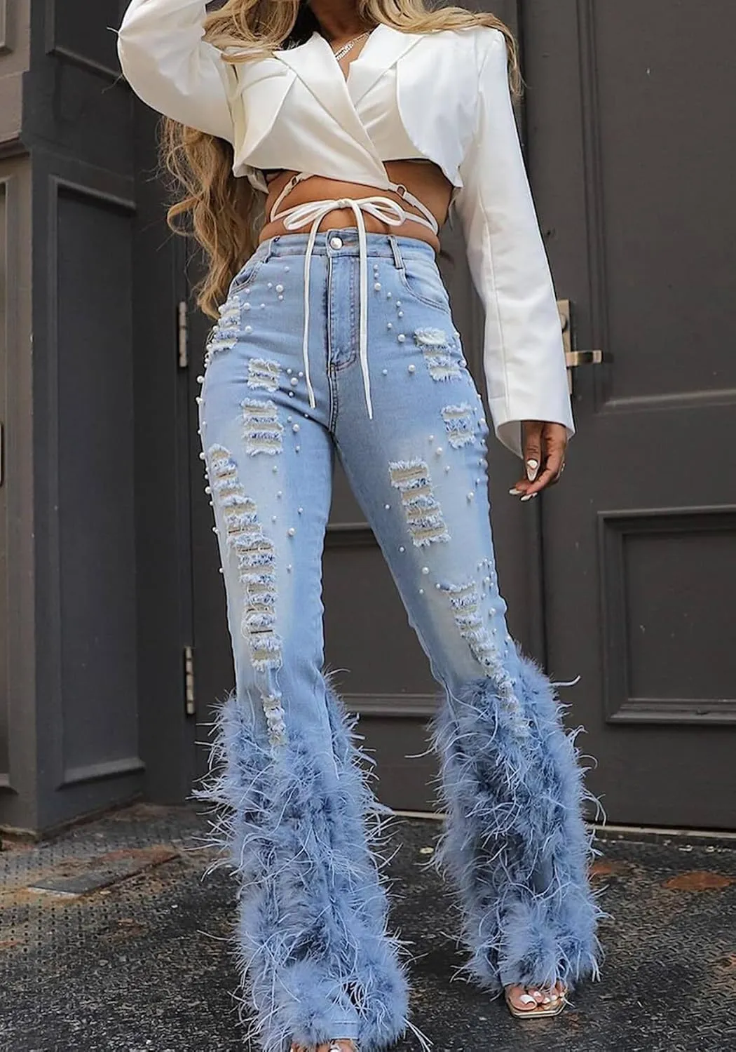 YOOTIKO Women Stretch Pearl Ripped Jeans High Waisted Butt Lifting Skinny Feather Flare Denim Pants