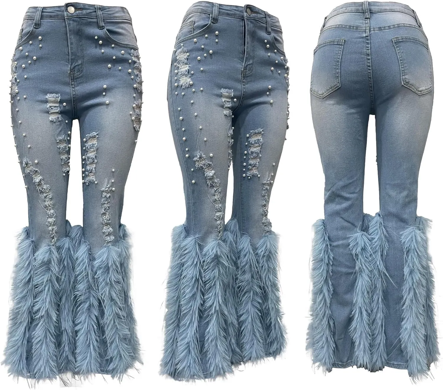 YOOTIKO Women Stretch Pearl Ripped Jeans High Waisted Butt Lifting Skinny Feather Flare Denim Pants
